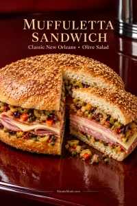 Round sesame muffuletta cut open to show chopped olive salad, folded cured meats and pale sliced cheese inside a broad, low loaf.