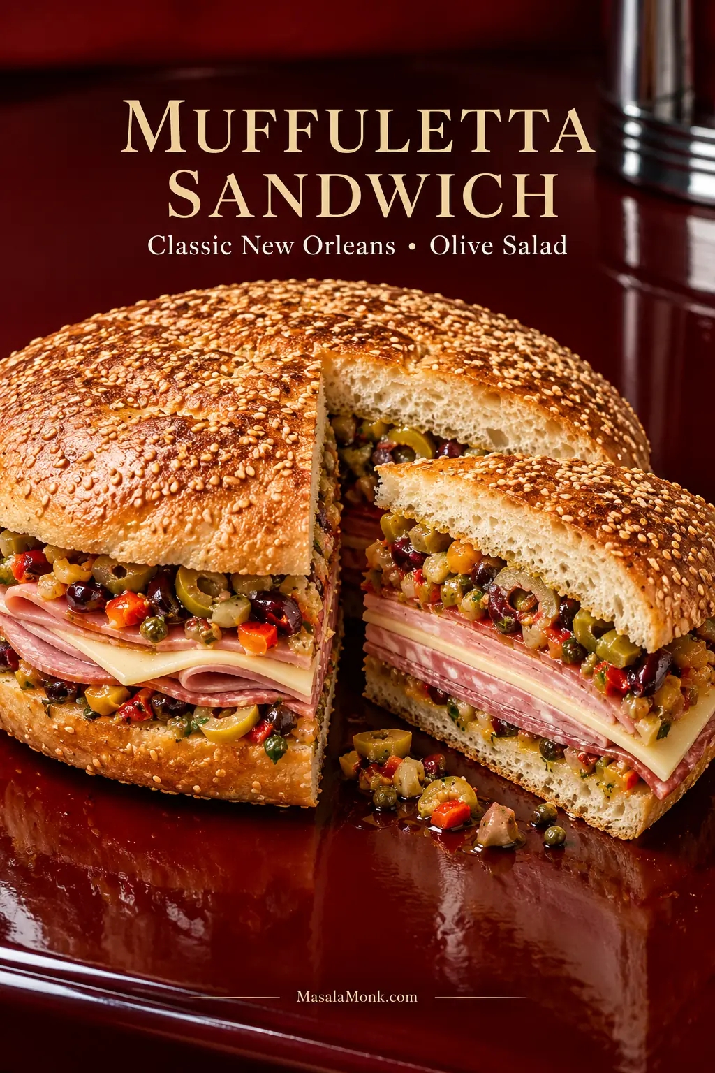 Round sesame muffuletta cut open to show chopped olive salad, folded cured meats and pale sliced cheese inside a broad, low loaf.