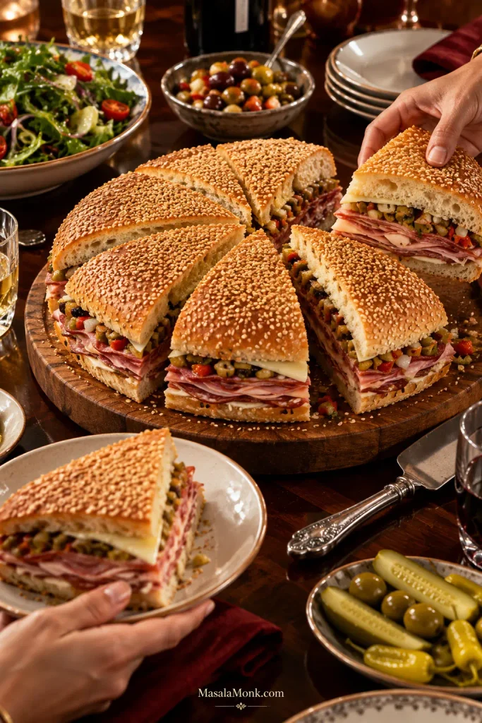 Large muffuletta cut into wedges on a shared table as hands reach for pieces, with salad, pickles, plates and glasses nearby.