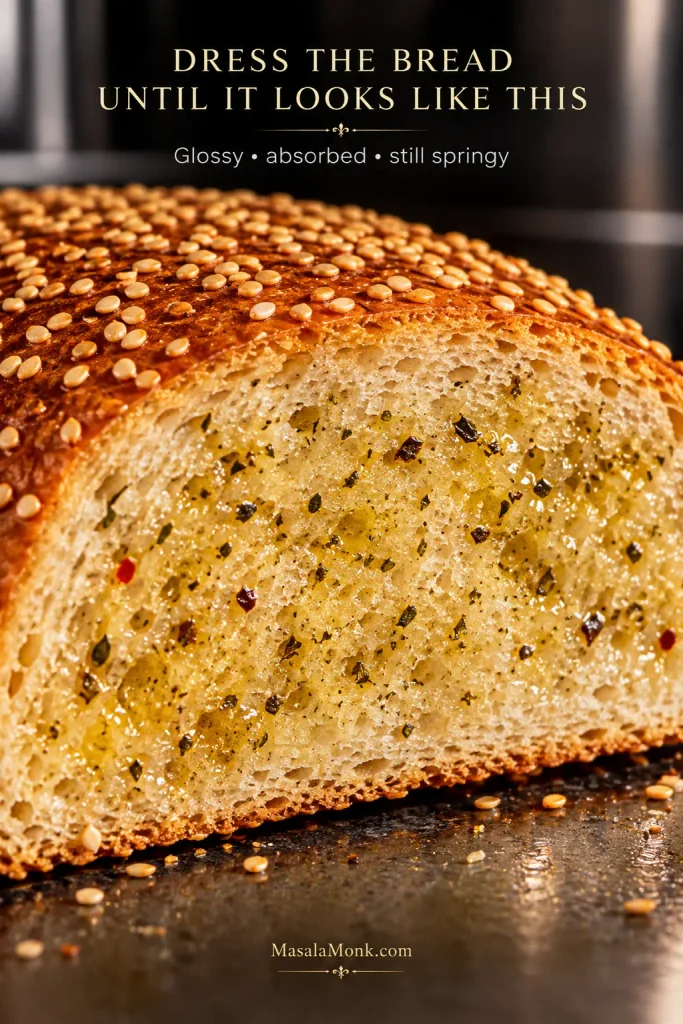 Open sesame loaf with a light sheen of seasoned olive oil across the cut crumb.