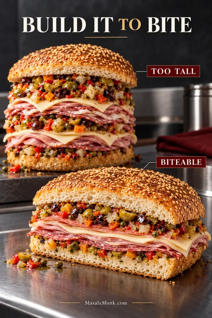 Two muffulettas compared side by side, one excessively tall and one lower and easier to bite.