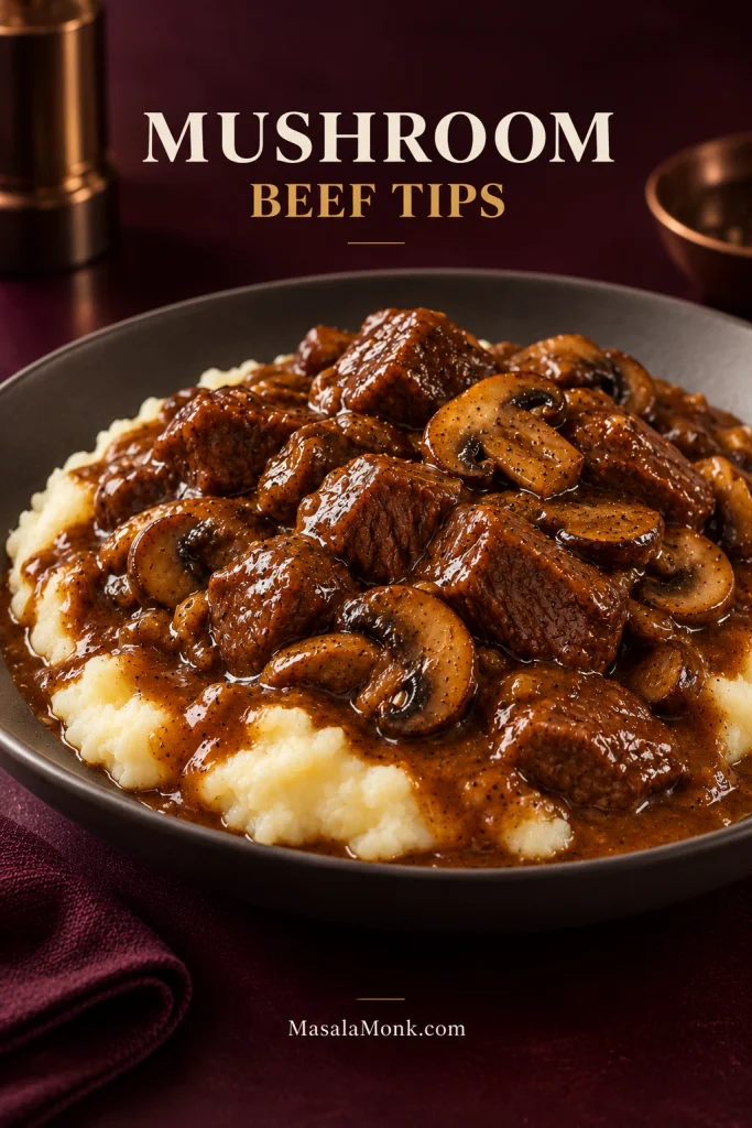 Braised beef tips in brown gravy with browned sliced mushrooms served over creamy mashed potatoes.