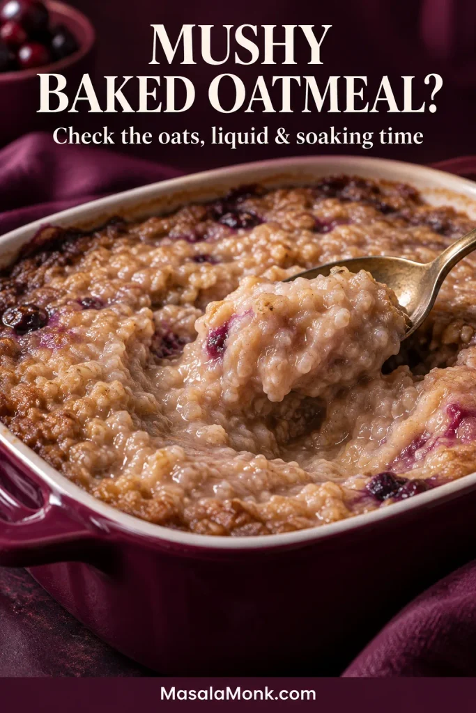 Spoon disturbing an overly wet, mushy section of baked oatmeal, with a browned baked edge visible around it.