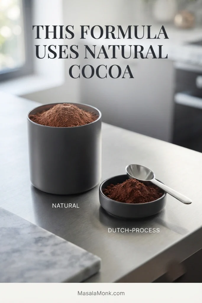 Natural unsweetened cocoa powder shown beside a smaller amount of darker Dutch-process cocoa on a metal surface.