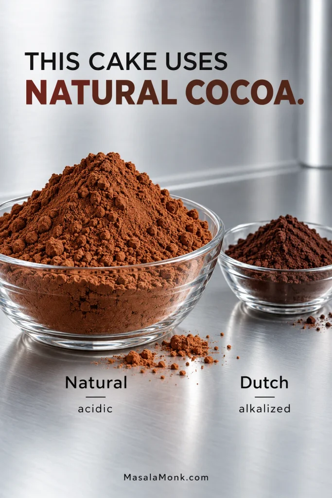 Bowls of natural unsweetened cocoa and darker Dutch-process cocoa shown side by side for comparison.