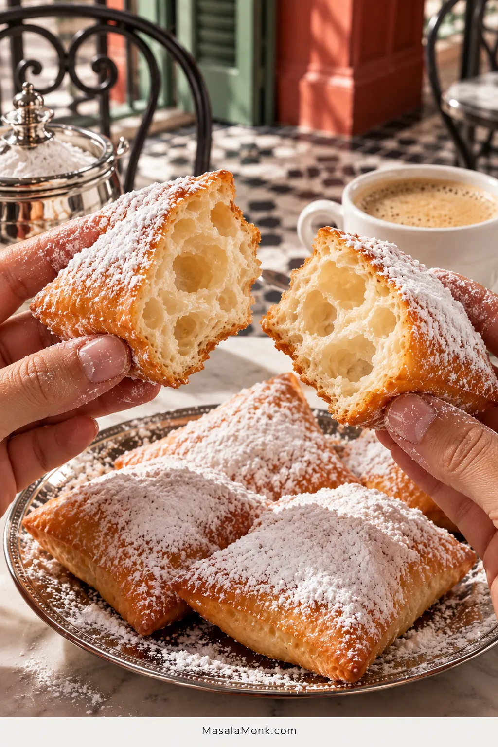 Two hands hold separate halves of a freshly torn powdered-sugar beignet, revealing an airy cooked center, with more beignets, café au lait and a green-and-terracotta café setting behind them.