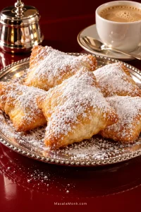 Plate of irregular square, puffed beignets generously covered with powdered sugar on a glossy deep-red table, with pale-golden edges visible and a cup of coffee behind them.