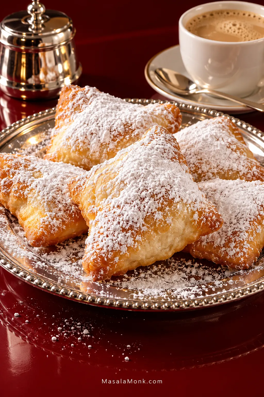 Plate of irregular square, puffed beignets generously covered with powdered sugar on a glossy deep-red table, with pale-golden edges visible and a cup of coffee behind them.