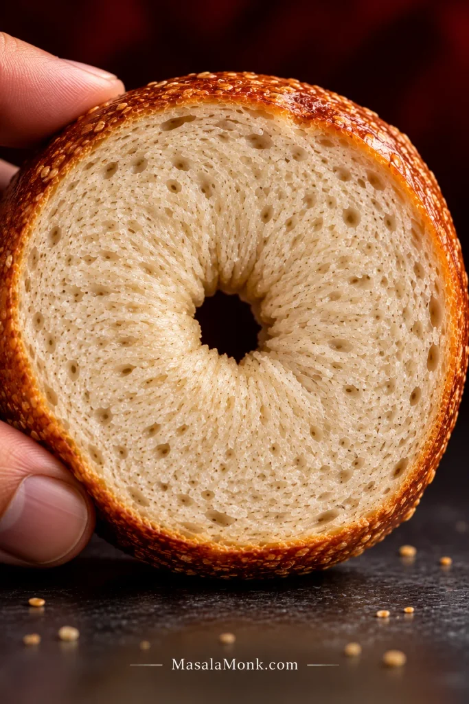 Extreme close-up of a sliced New York-style bagel showing a tight crumb with mostly small irregular air pockets and a deeply browned crust.