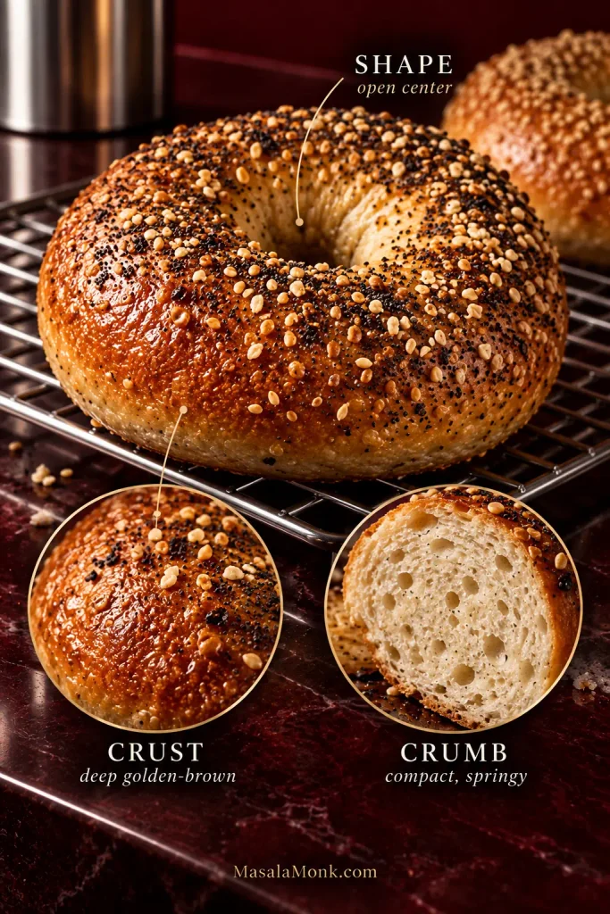 Finished New York-style bagel with close-up details showing its browned crust, compact crumb and plump ring shape with an open center.