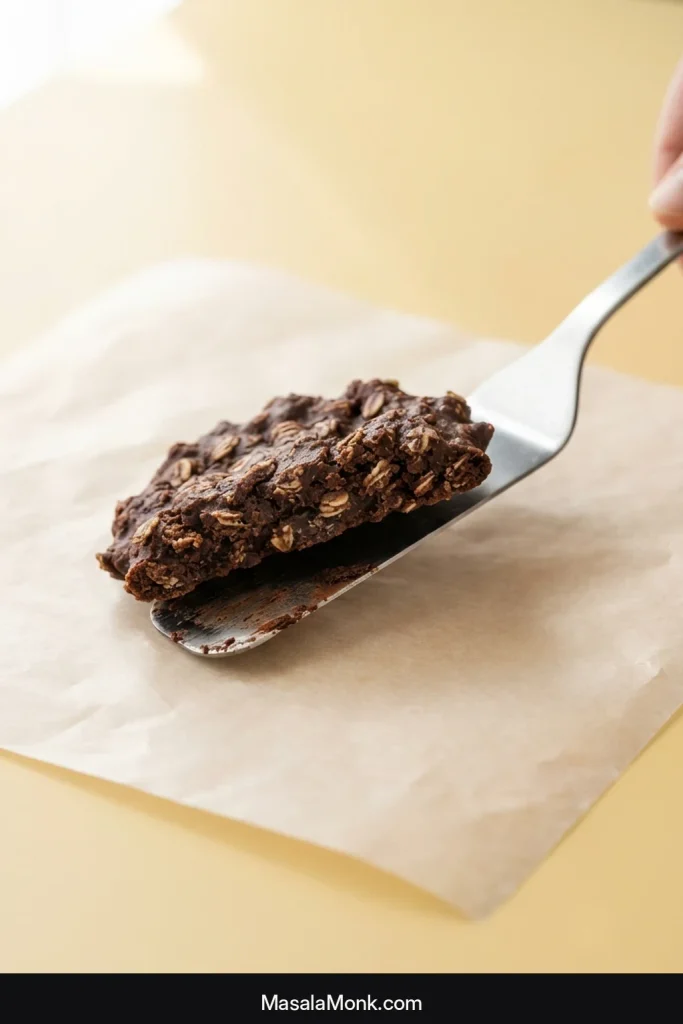 A dark chocolate oatmeal no-bake cookie being lifted from wax paper with a stainless spatula, showing its intact underside and clean paper beneath it.