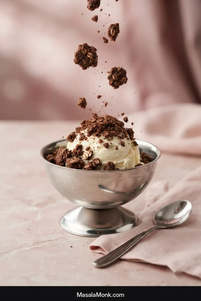 Dry pieces of chocolate oatmeal no-bake cookies scattered over vanilla ice cream in a bowl with a spoon.