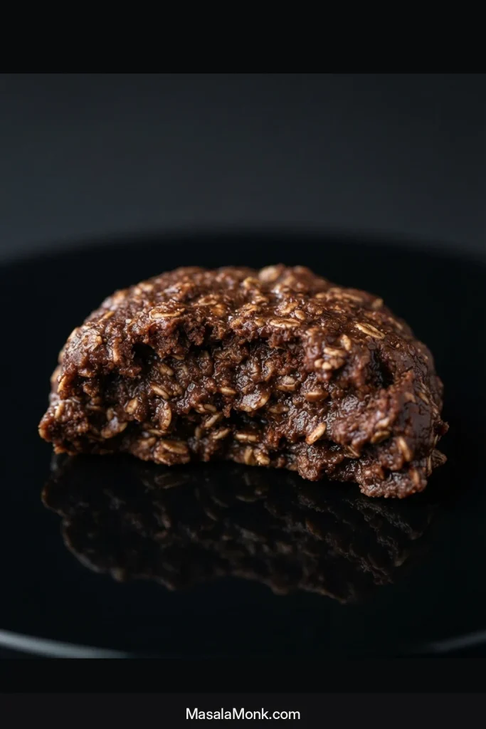 Close-up of a broken chocolate peanut butter oatmeal no-bake cookie showing a compact fudgy center with small oats embedded throughout.