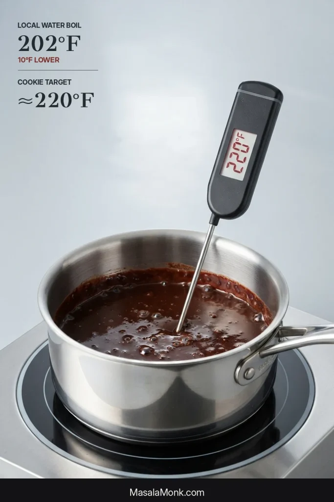 Dark chocolate cookie syrup in a stainless saucepan with a thermometer beside a high-altitude temperature adjustment showing a lower boiling point and lower cookie-syrup target.