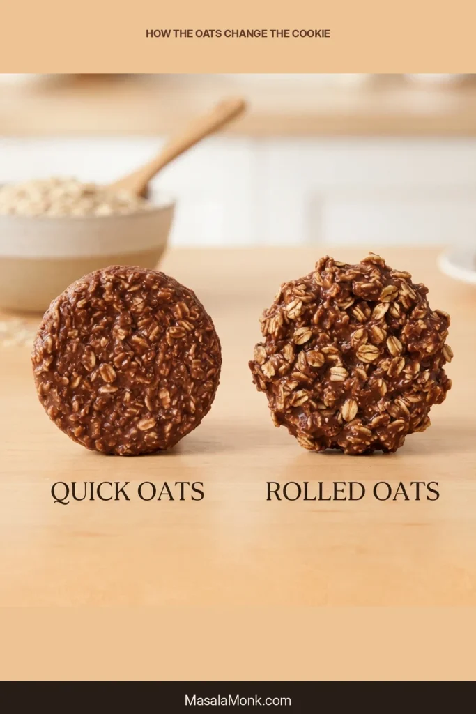 Two finished chocolate oatmeal no-bake cookies comparing a finer, more cohesive quick-oat texture with a rougher texture made from larger rolled-oat flakes.