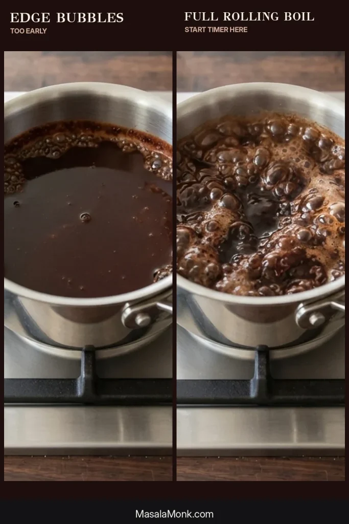 Two views of dark chocolate syrup in a saucepan, showing bubbles around the edge in one view and vigorous bubbles across the entire surface in the other.