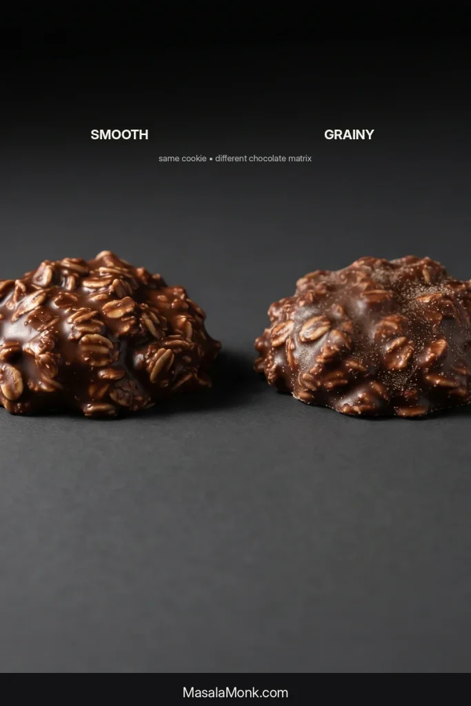 Close comparison of two chocolate oatmeal no-bake cookie surfaces, with one showing a continuous smooth chocolate matrix and the other showing fine granular texture between the oats.
