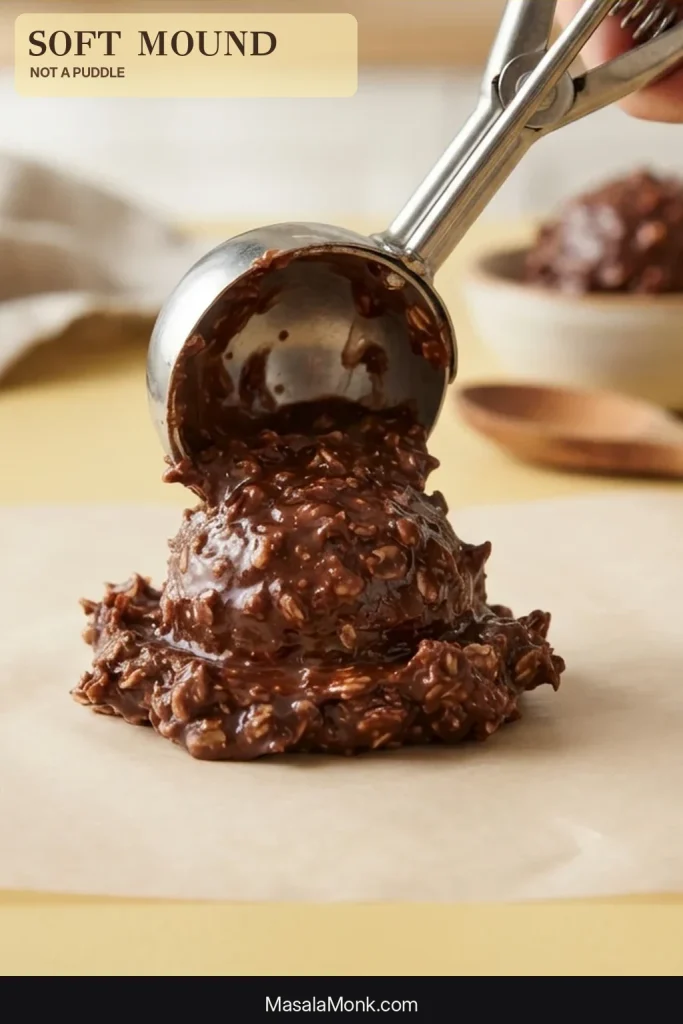 A stainless cookie scoop dropping dark chocolate oatmeal no-bake cookie mixture onto paper, where it forms a soft mound.