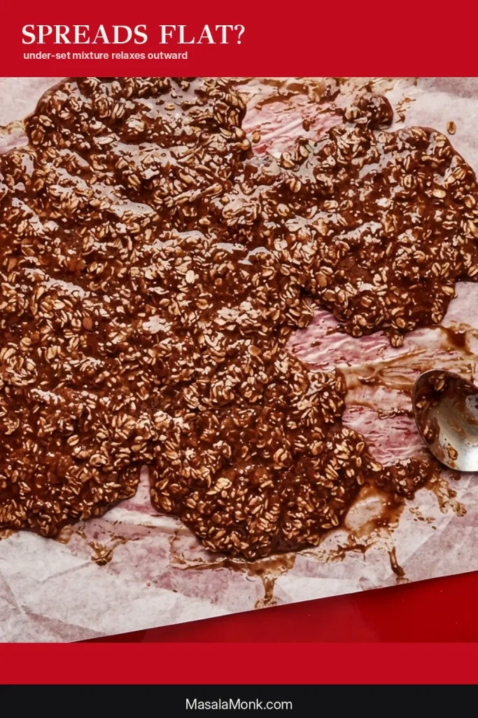 Dark chocolate oatmeal no-bake cookie mixture spread into flat glossy puddles on paper instead of holding spoon-dropped mounds.