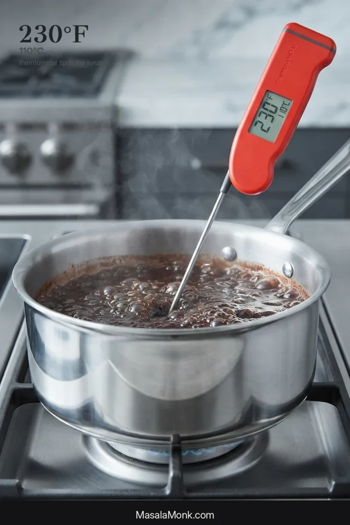A thermometer probe immersed in dark chocolate syrup in a stainless saucepan, positioned above the pan bottom.