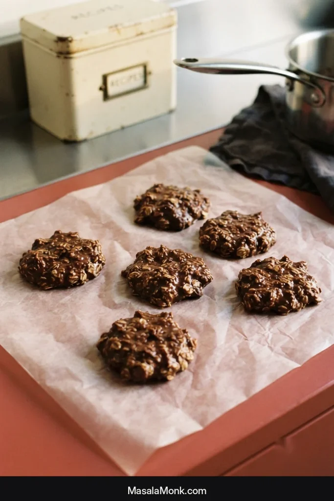 Several classic chocolate peanut butter oatmeal no-bake cookies cooling on translucent wax paper beside a stainless saucepan and recipe box.