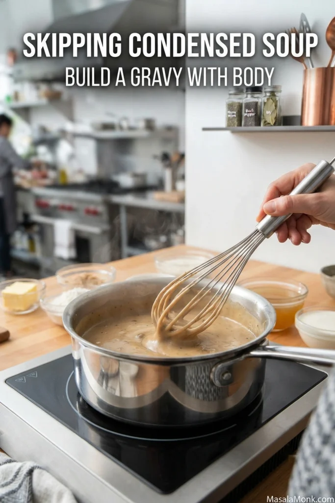 Creamy homemade gravy being whisked in a stainless saucepan, with butter-flour roux, broth and cream shown as the components for a no-condensed-soup version.