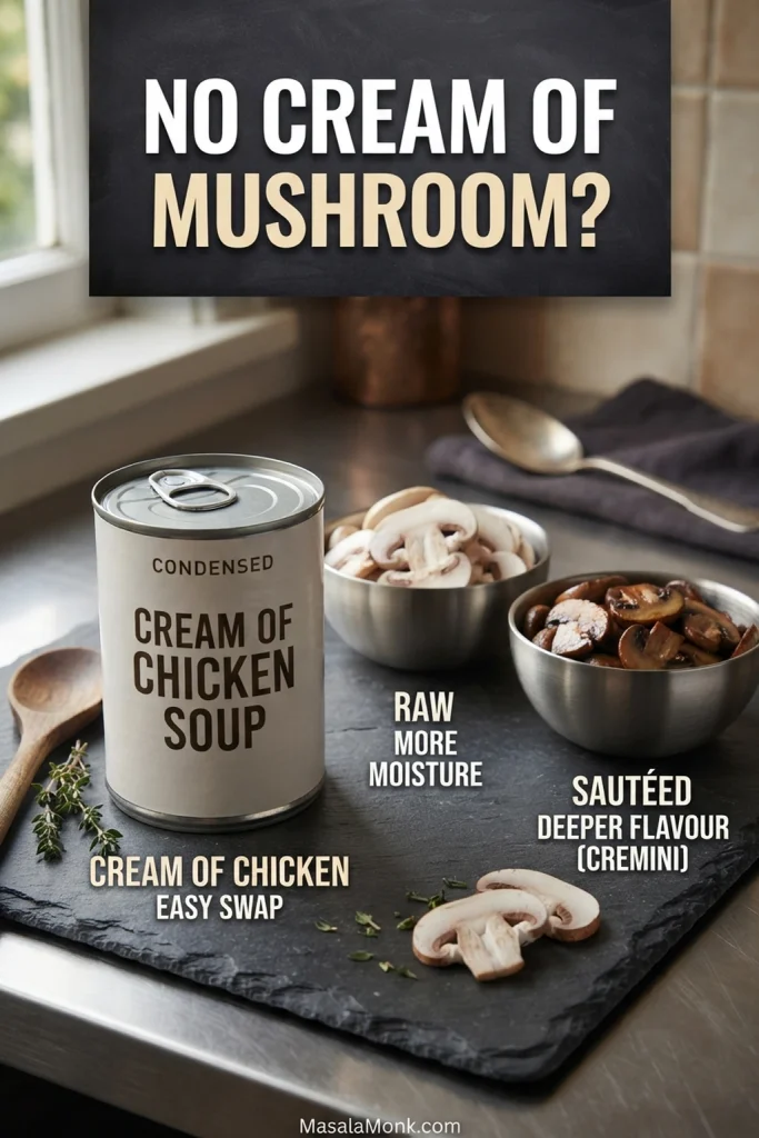 Cream of chicken soup shown as an easy substitute beside raw sliced mushrooms and browned sautéed mushrooms, with labels comparing their moisture and flavor.