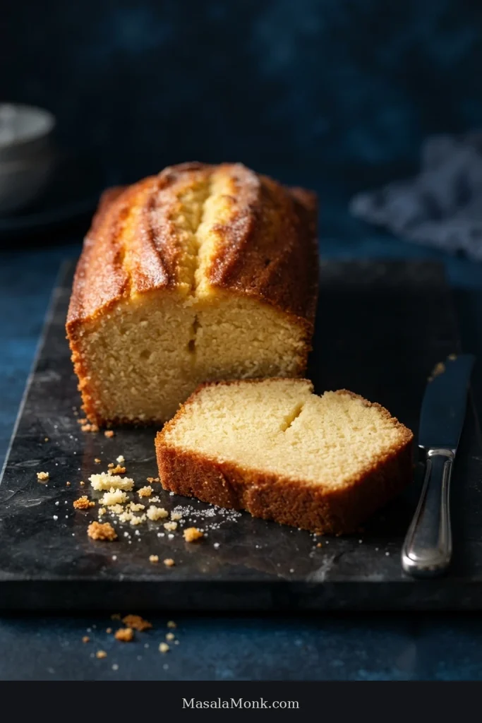 Deeply golden pound cake with a prominent natural crack running lengthwise along the top and a cut slice resting in front.