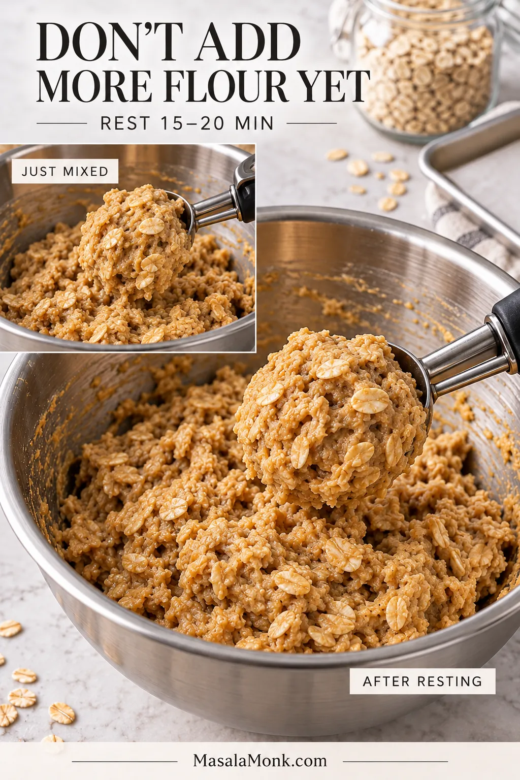 Just-mixed oatmeal cookie dough compared with rested dough that holds a rounded scoop after 15 to 20 minutes.