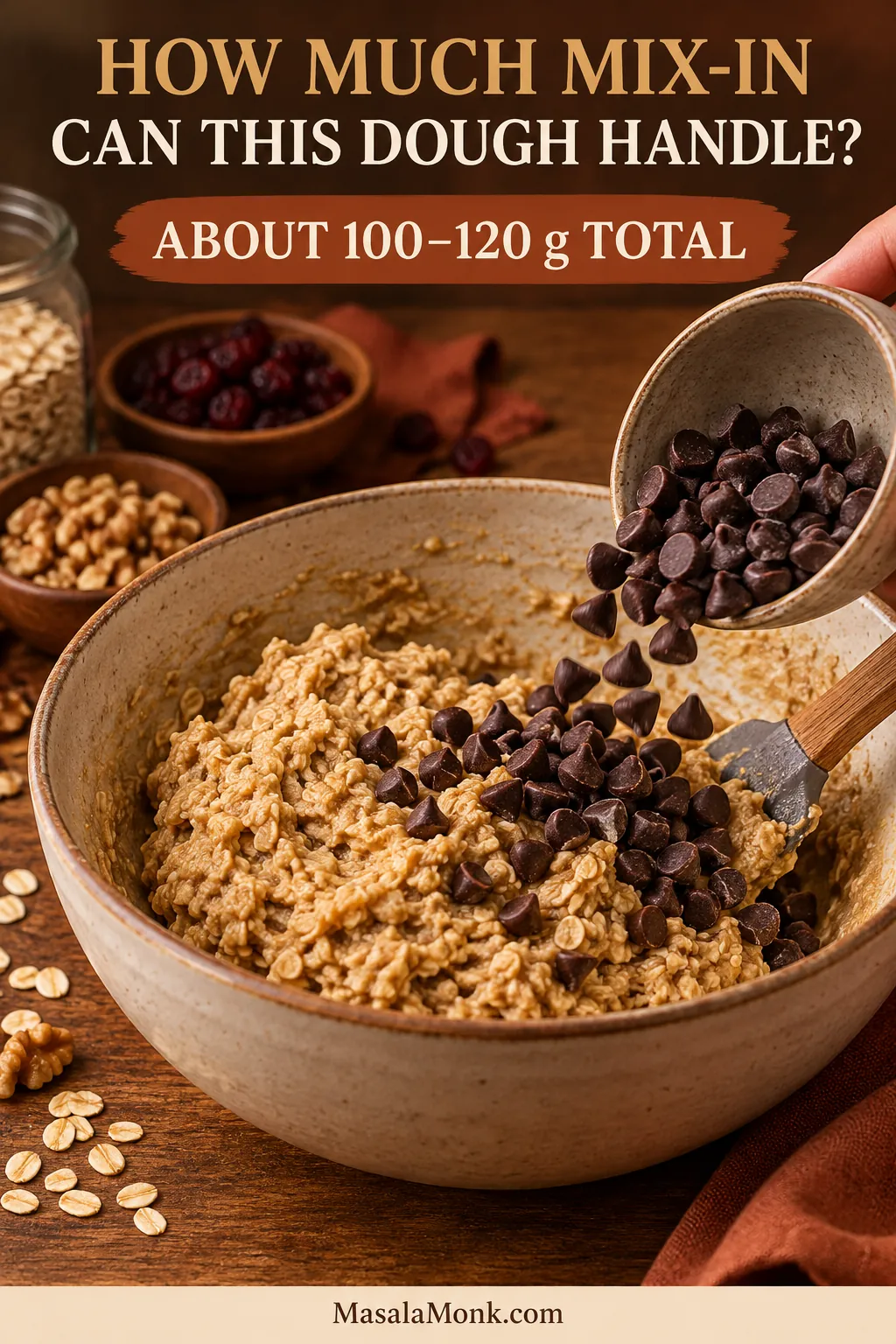 Plain oatmeal cookie dough with chocolate chips being added and raisins, chopped nuts and dried cranberries nearby as optional mix-ins.