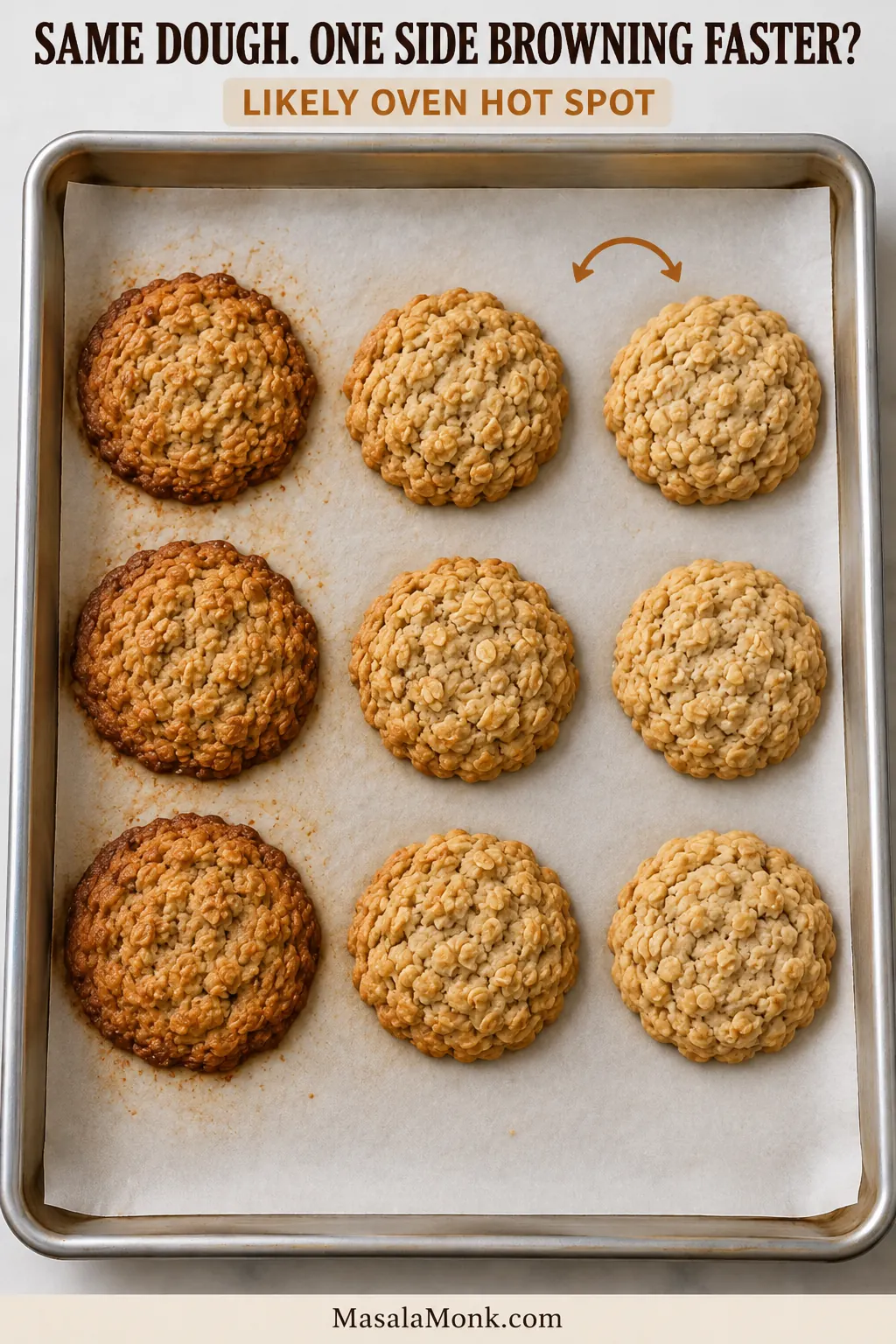 Nine plain oatmeal cookies on one baking sheet, with several cookies along one side noticeably browner than those on the other side.