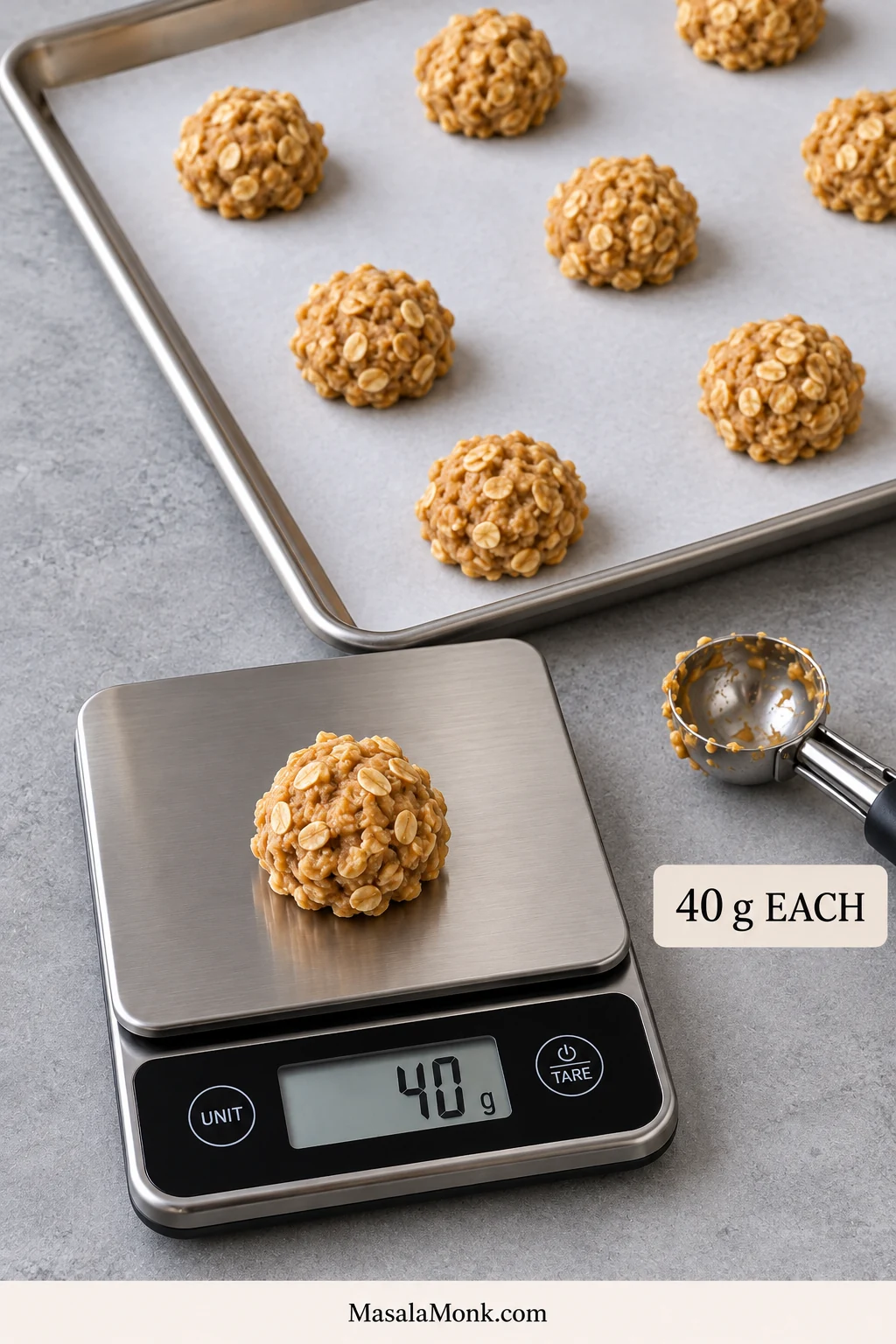 Oatmeal cookie dough weighing 40 grams on a digital scale beside evenly sized portions on a parchment-lined baking sheet.