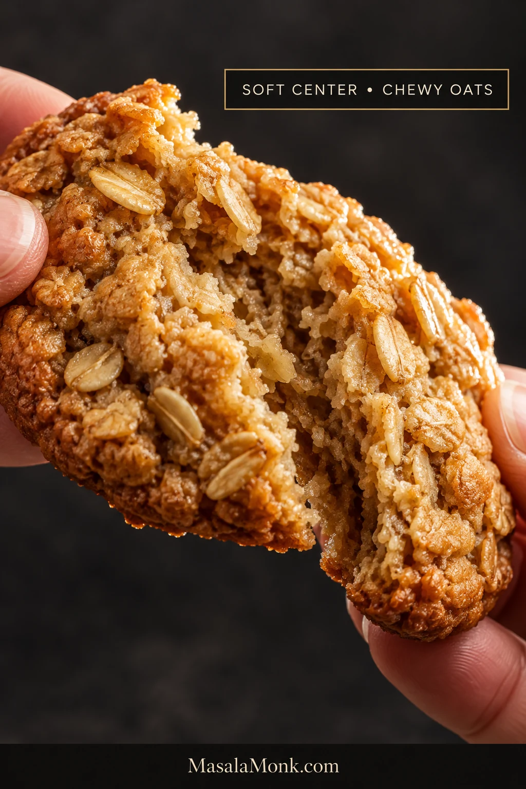 Close-up of a plain oatmeal cookie being gently opened, showing a cohesive chewy center with visible rolled oats and a thin golden edge.