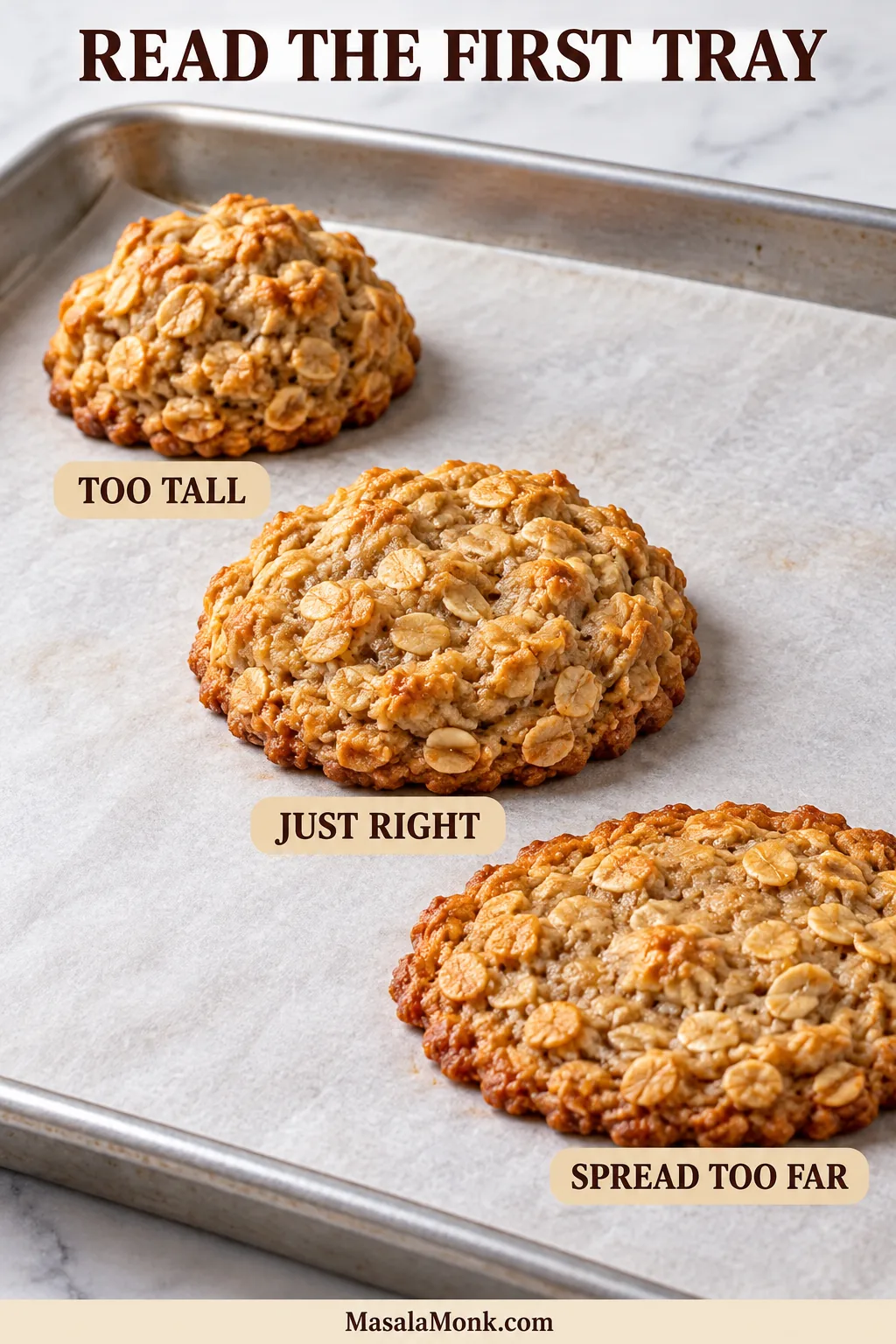 Three oatmeal cookies labeled too tall, just right and spread too far to compare different spread patterns.