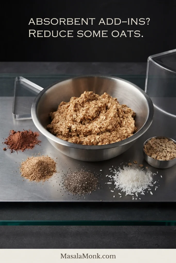 Bowl of oatmeal peanut butter ball mixture surrounded by cocoa powder, ground flax, chia seeds and shredded coconut, with text reading “Absorbent add-ins? Reduce some oats.”