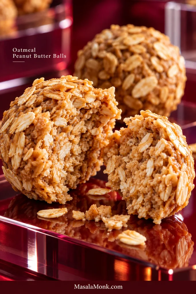Oatmeal peanut butter ball split open on a red acrylic surface, showing a compact center with clearly visible rolled oats.