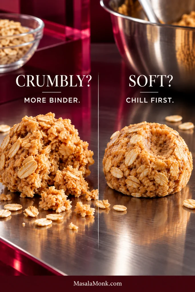 Side-by-side oatmeal peanut butter ball mixtures showing a crumbly portion labeled “More binder” and a soft formed ball labeled “Chill first.”
