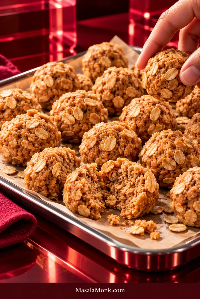 Large batch of finished oatmeal peanut butter balls with visible oat flakes arranged together on a serving tray.