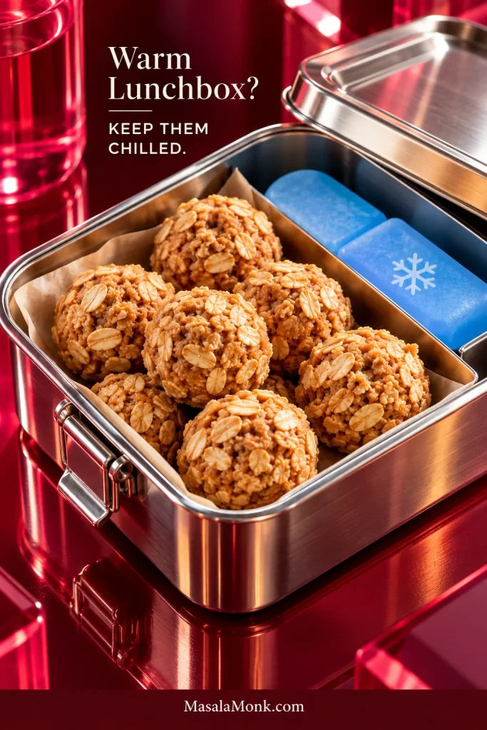 Oatmeal peanut butter balls packed in a stainless-steel lunchbox beside a blue cold pack, with text advising that a warm lunchbox should stay chilled.