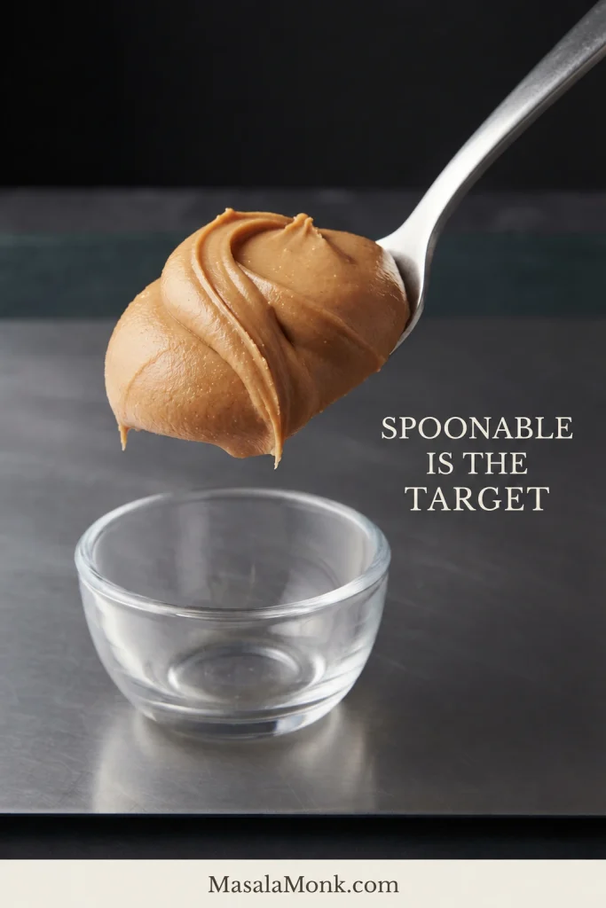 Spoon holding smooth, thick peanut butter above a small clear bowl, with text reading “Spoonable is the target.”