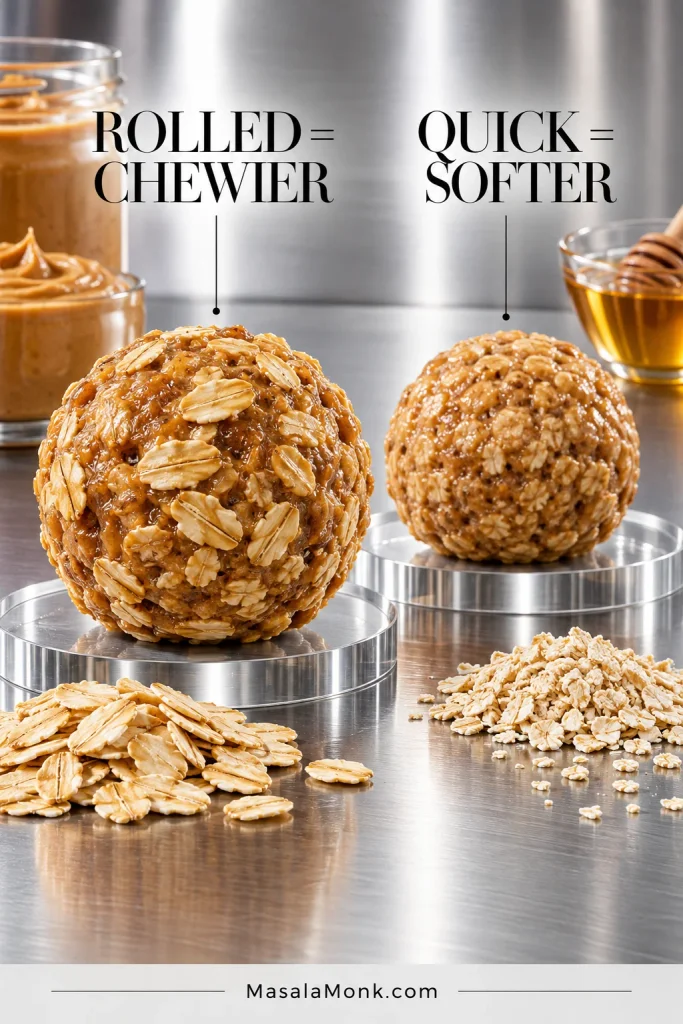 Two oatmeal peanut butter balls compared side by side, with a coarse ball labeled “Rolled = Chewier” and a finer ball labeled “Quick = Softer,” with both oat types shown below.
