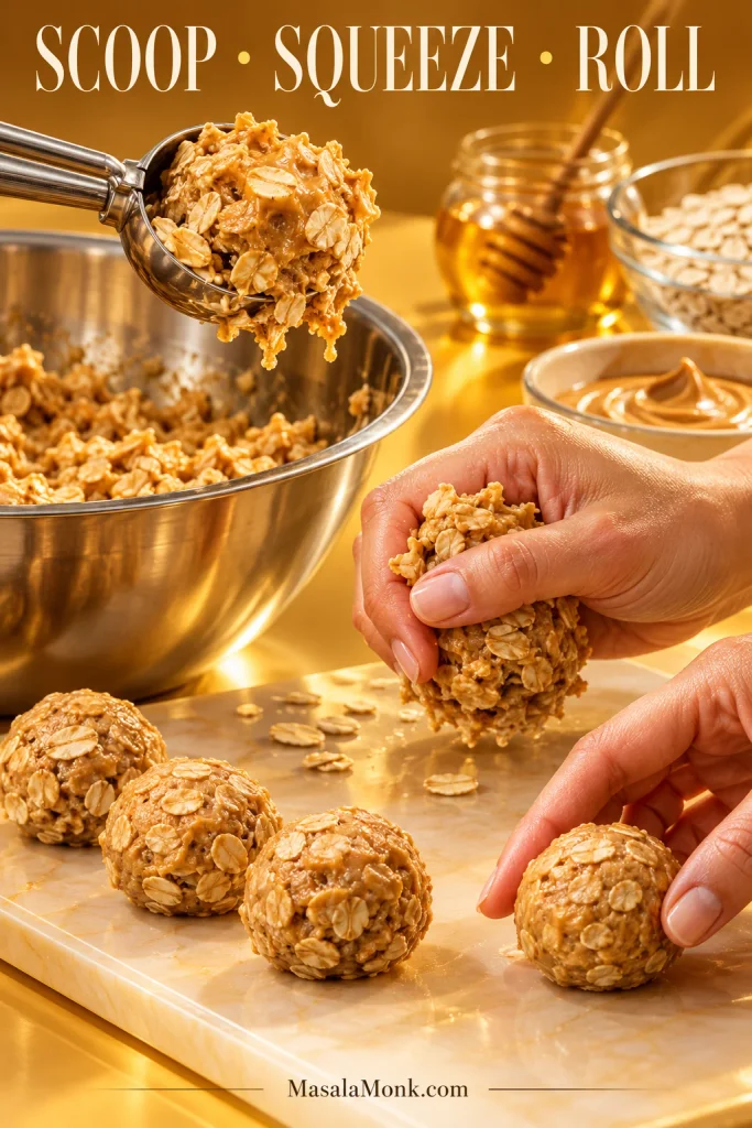 Hands shaping oatmeal peanut butter balls beside a mixing bowl, showing a portion being compressed and rolled beneath the words “Scoop · Squeeze · Roll.”