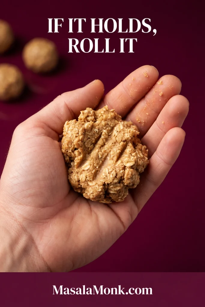 Hand holding a firmly compressed portion of oatmeal peanut butter ball mixture that stays together beneath the words “If it holds, roll it.”