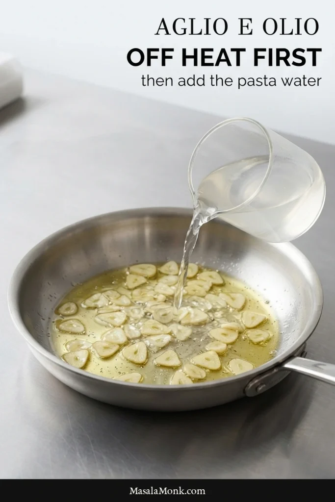 Hot pasta water being added to a stainless-steel skillet containing olive oil and pale sliced garlic while the skillet sits away from the active burner.