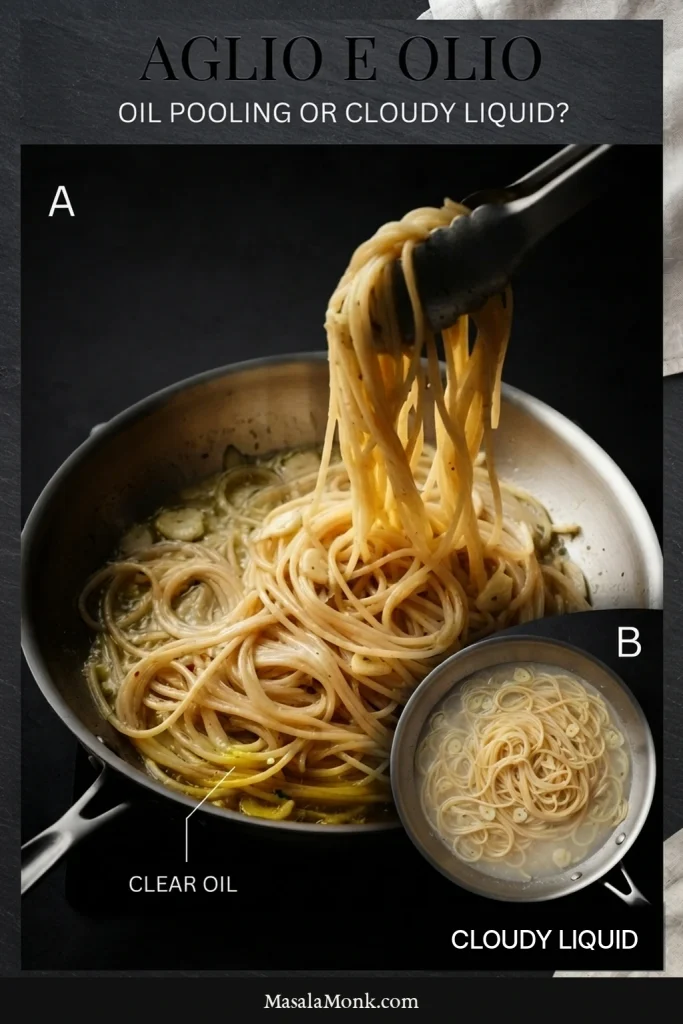 Diagnostic comparison of spaghetti aglio e olio showing clear golden oil pooling beneath the noodles in one skillet and lightly cloudy cooking liquid surrounding the noodles in another.