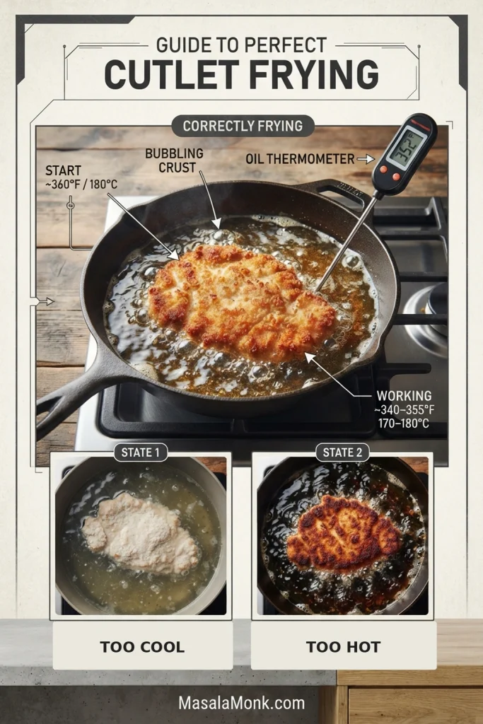 Frying guide showing correctly browning chicken between examples labeled too cool and too hot, with oil temperature guidance around 340 to 360 degrees Fahrenheit.