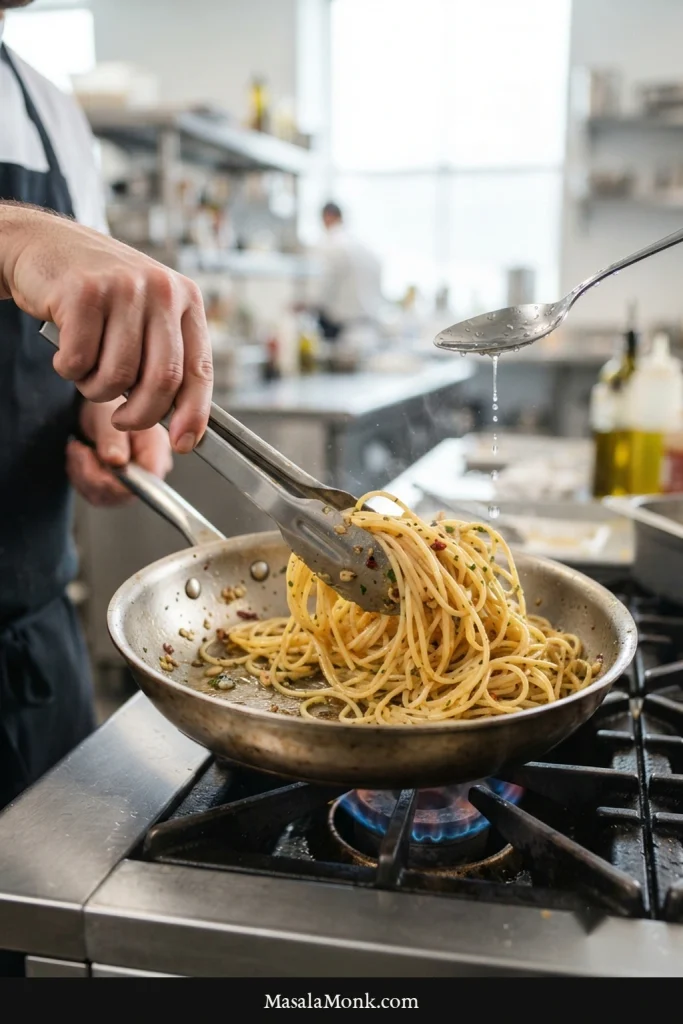 Stainless-steel tongs tossing slightly dry spaghetti in a skillet while a small spoon adds a little water to the noodles.