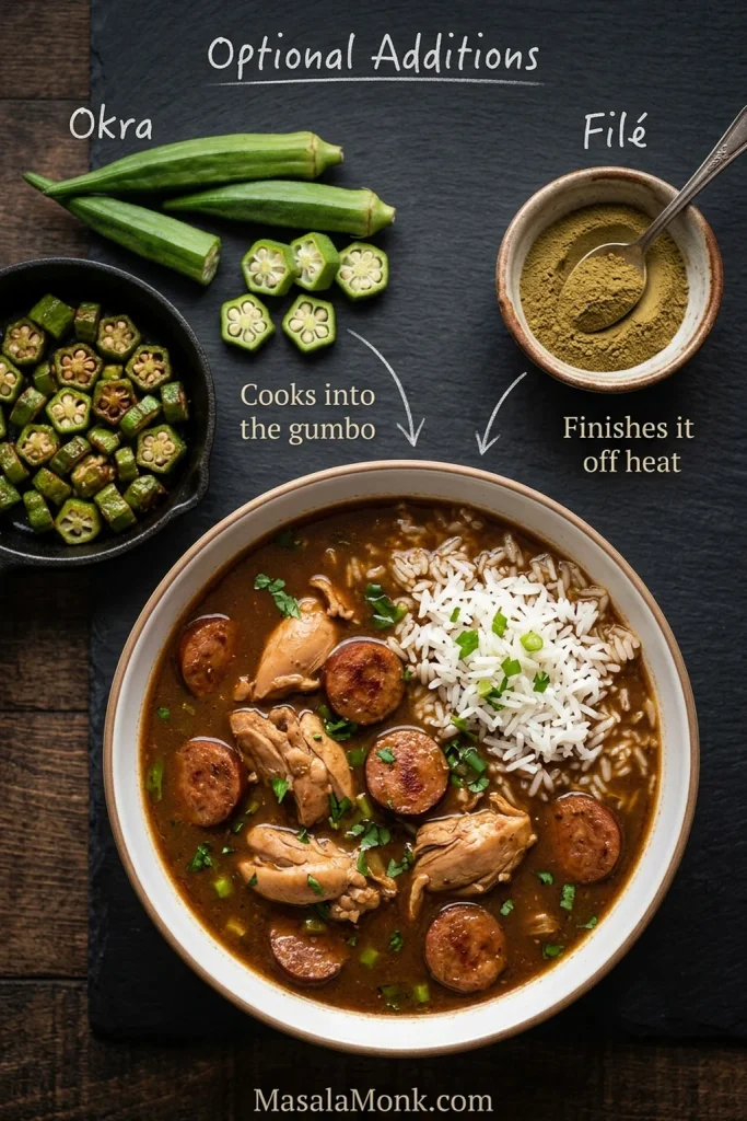 Chicken and andouille gumbo with sliced and sautéed okra shown separately beside a small bowl of filé powder.