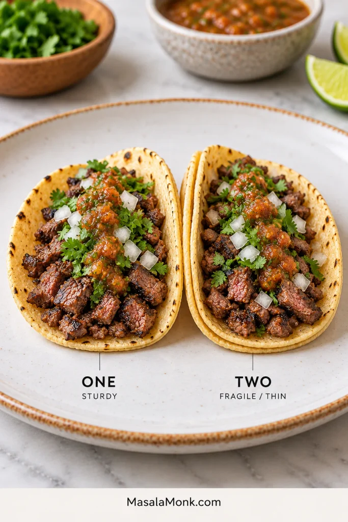 Two carne asada tacos labeled 'One—Sturdy' and 'Two—Fragile/Thin,' comparing a single corn tortilla with a doubled tortilla.
