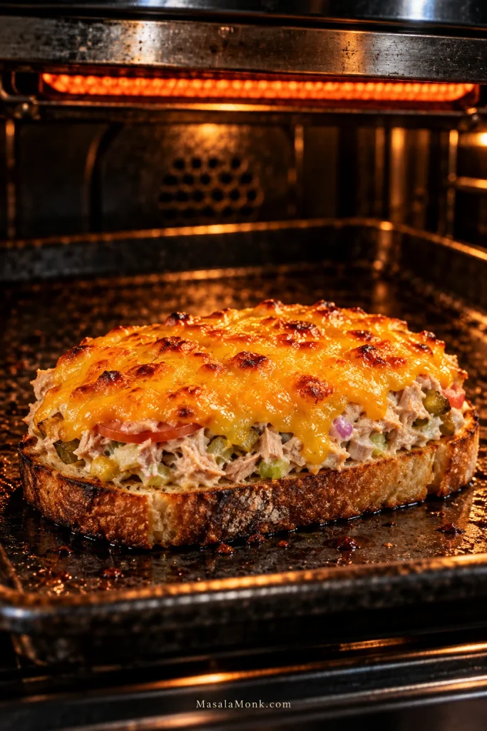 Open-faced tuna melt on a metal tray beneath a broiler with glossy cheddar bubbling and lightly browned on top.